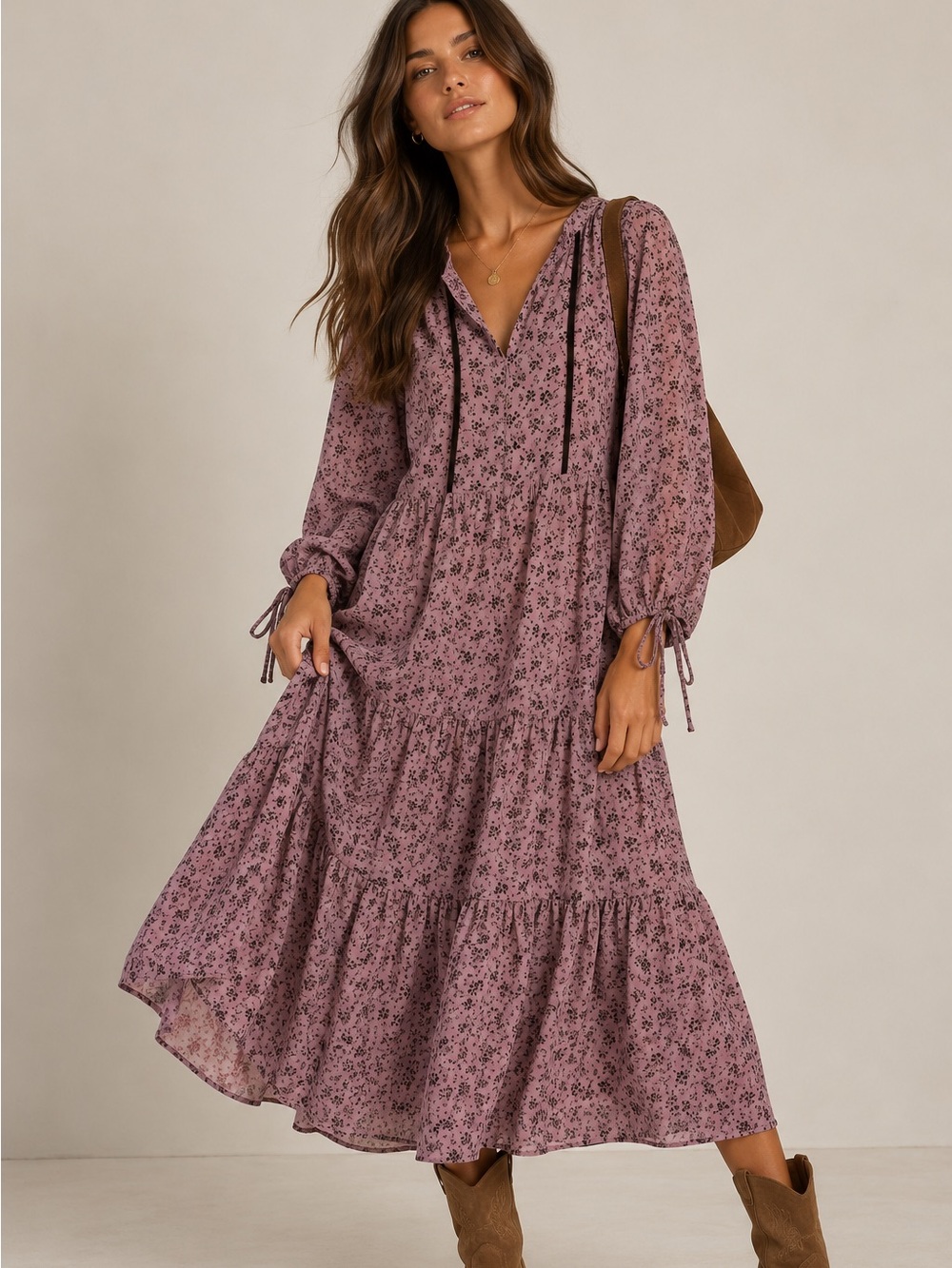 MADEWELL • mauve Branch Floral long-sleeve tiered midi dress